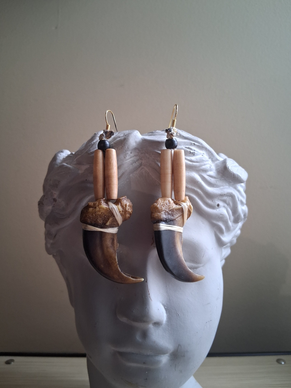 Handcrafted Bear Claw & Wood Dangle Earrings - Brown